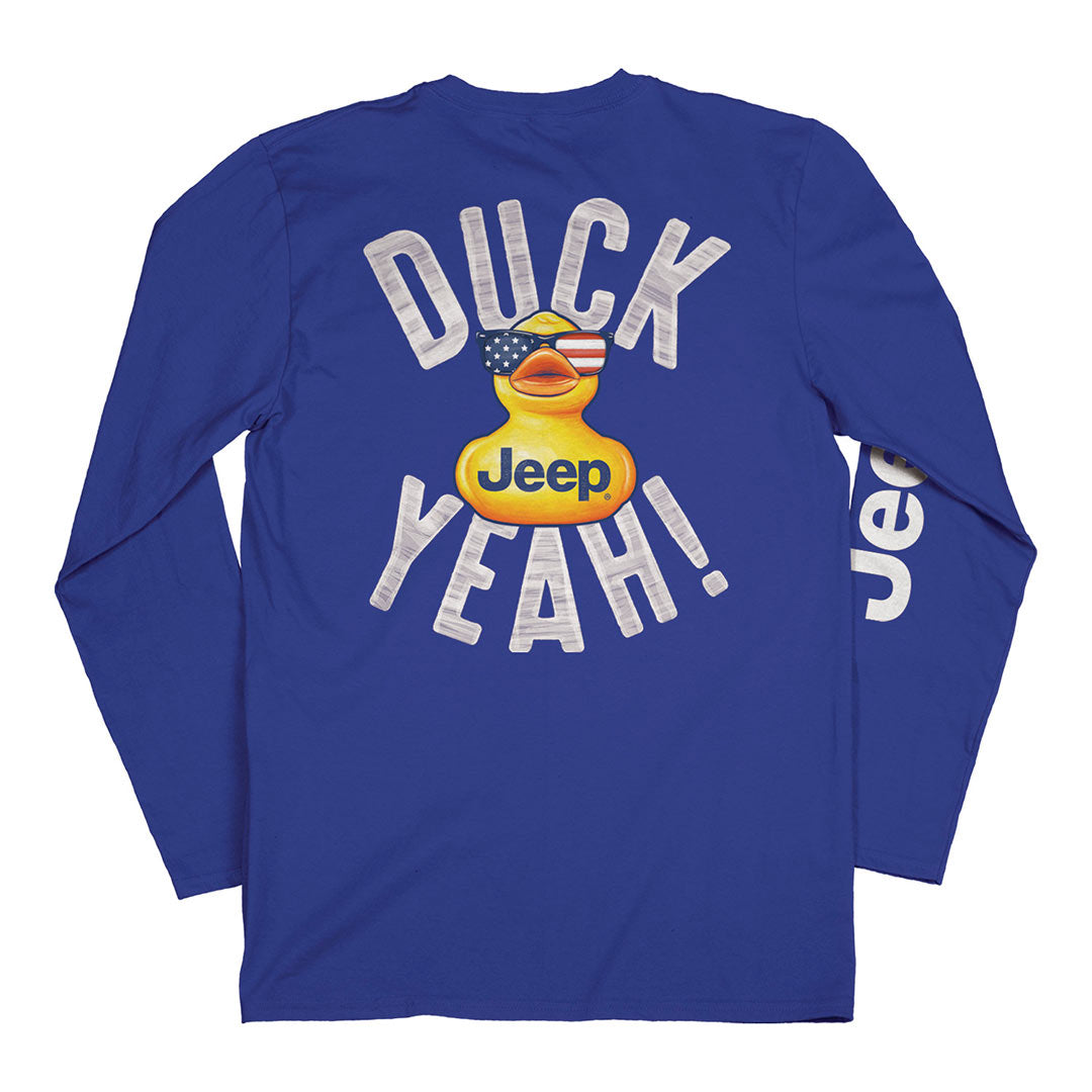 Back of Duck Yeah long sleeve shirt with USA Rubber Duck print and duck yeah word art.