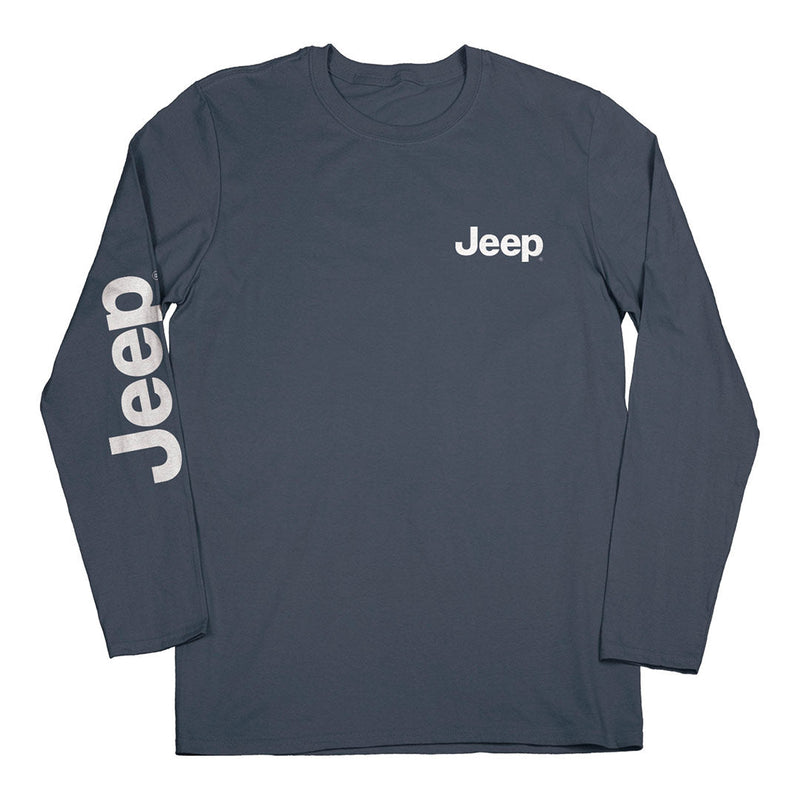 Front of Jeep nature squatch shirt with jeep logo on right sleeve and left chest