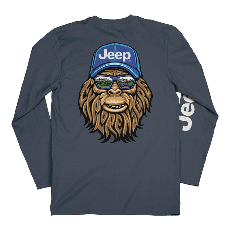 Back of nature squatch long sleeve shirt with jeep logo and sasquatch print.