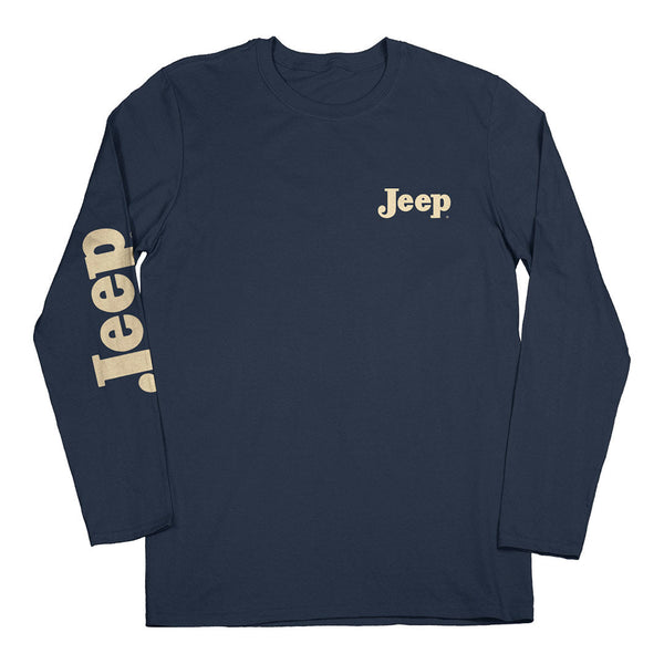 Front of vintage life off road long sleeve shirt with jeep logo on right sleeve and left chest.