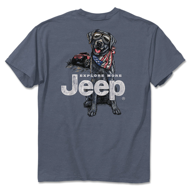 Jeep USA dog tee back print with dog and jeep wrangler.