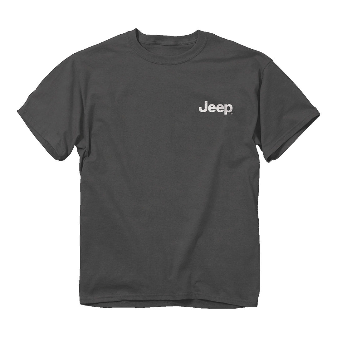 JEDCo jeep sasquatch radio tee, front side with jeep patch on upper left chest.