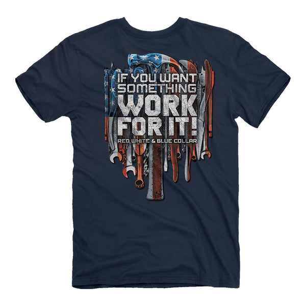 jedco red,white, and blue collar t-shirt. if you want something, work for it. back of shirt. navy blue