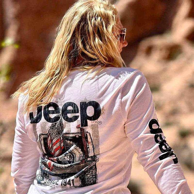 woman wearing jeep USA 1 long sleeve shirt