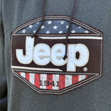 Black hoodie with embroidered Jeep logo and USA Shield inset.