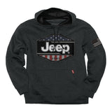 Black hoodie with embroidered Jeep logo and USA Shield.