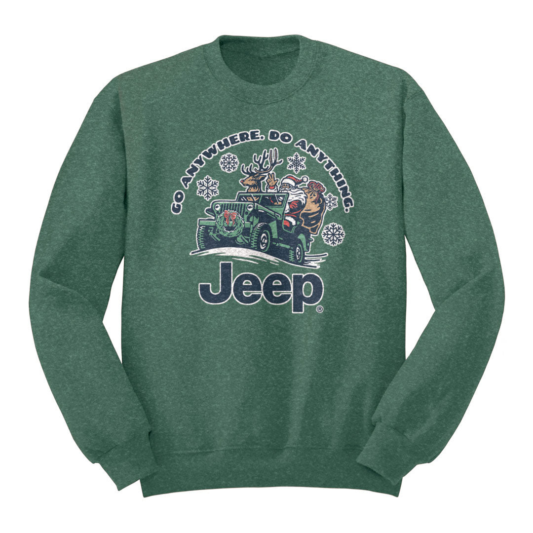 Front of green Jeep - Winter Ride Crew Sweatshirt. Santa and reindeer design