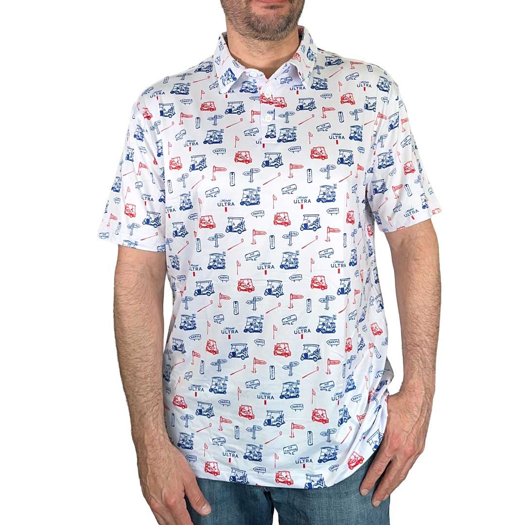 Male model wearing Michelob Ultra Polo. White with golf themed repeat pattern. Golf club, golf cart and tee signs.