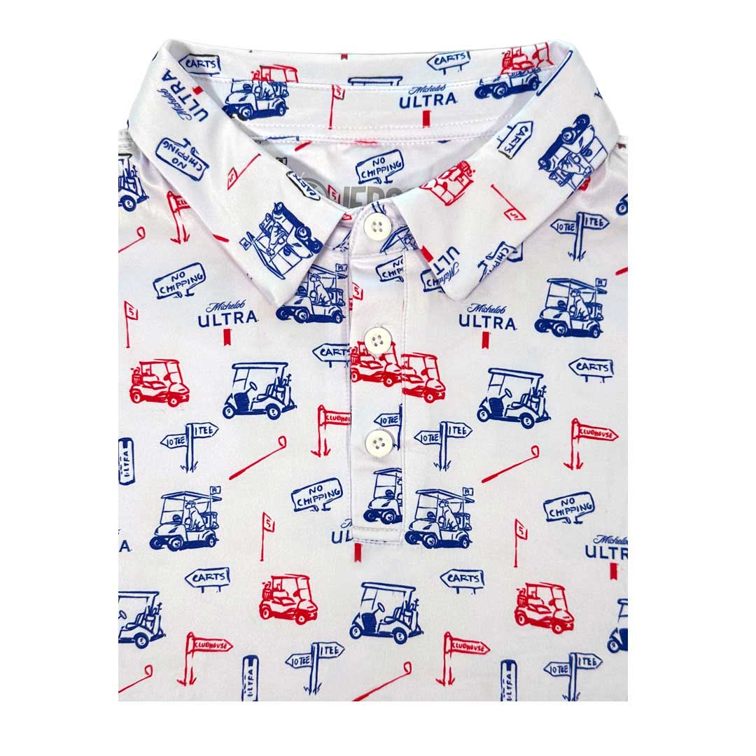 Michelob Ultra Polo. White with golf themed repeat pattern. Golf club, golf cart and tee signs. 