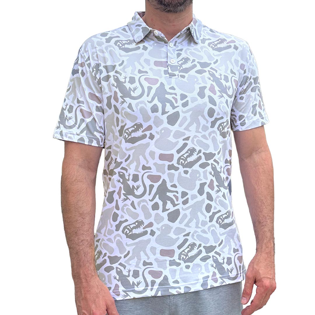 Man wearing Jeep polo with custom easter egg repeat pattern. 