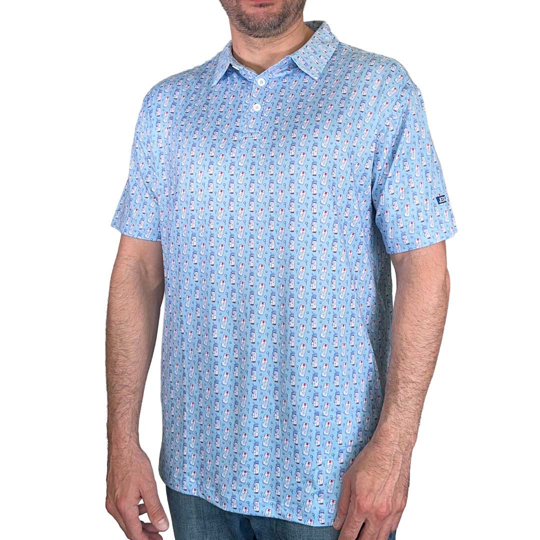 Male model wearing Michelob ULTRA Polo with Golf themed repeat pattern featuring golf ball, tee, golf bag and can.