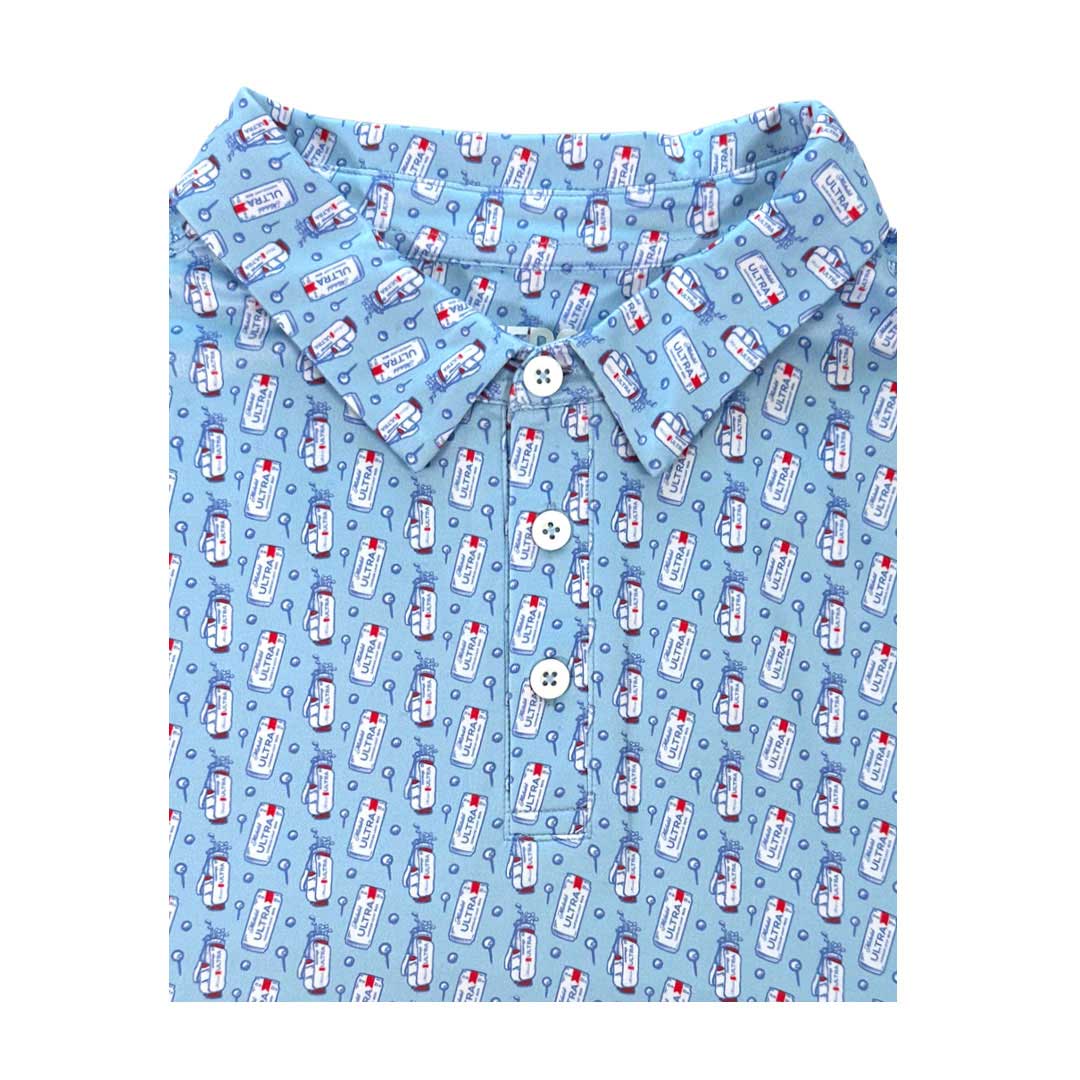 Michelob ULTRA Polo with Golf themed repeat pattern featuring golf ball, tee, golf bag and can.