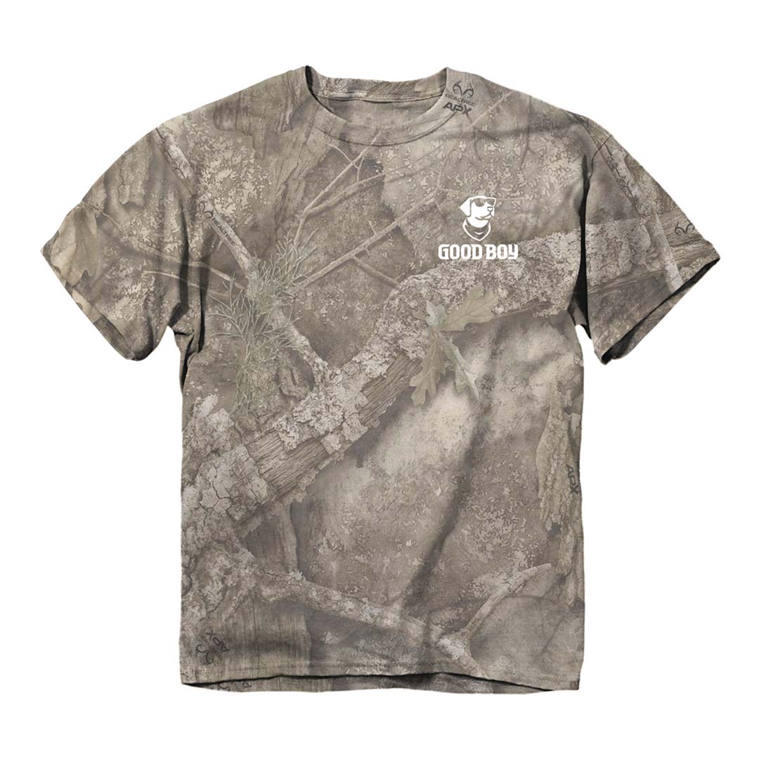 Front of the Good Boy - Camo Dog Shed T-Shirt
