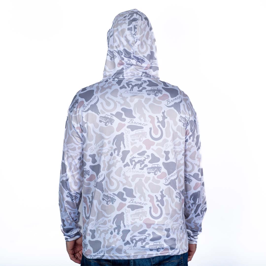 Back shot with hood up. Person wearing a custom Ford Bronco Performance hoodie with 'Bronco' branding on a white background
