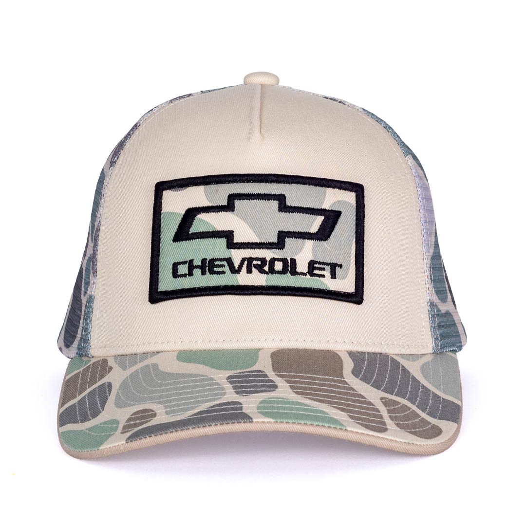 Camouflage trucker hat with Chevrolet logo on a white background