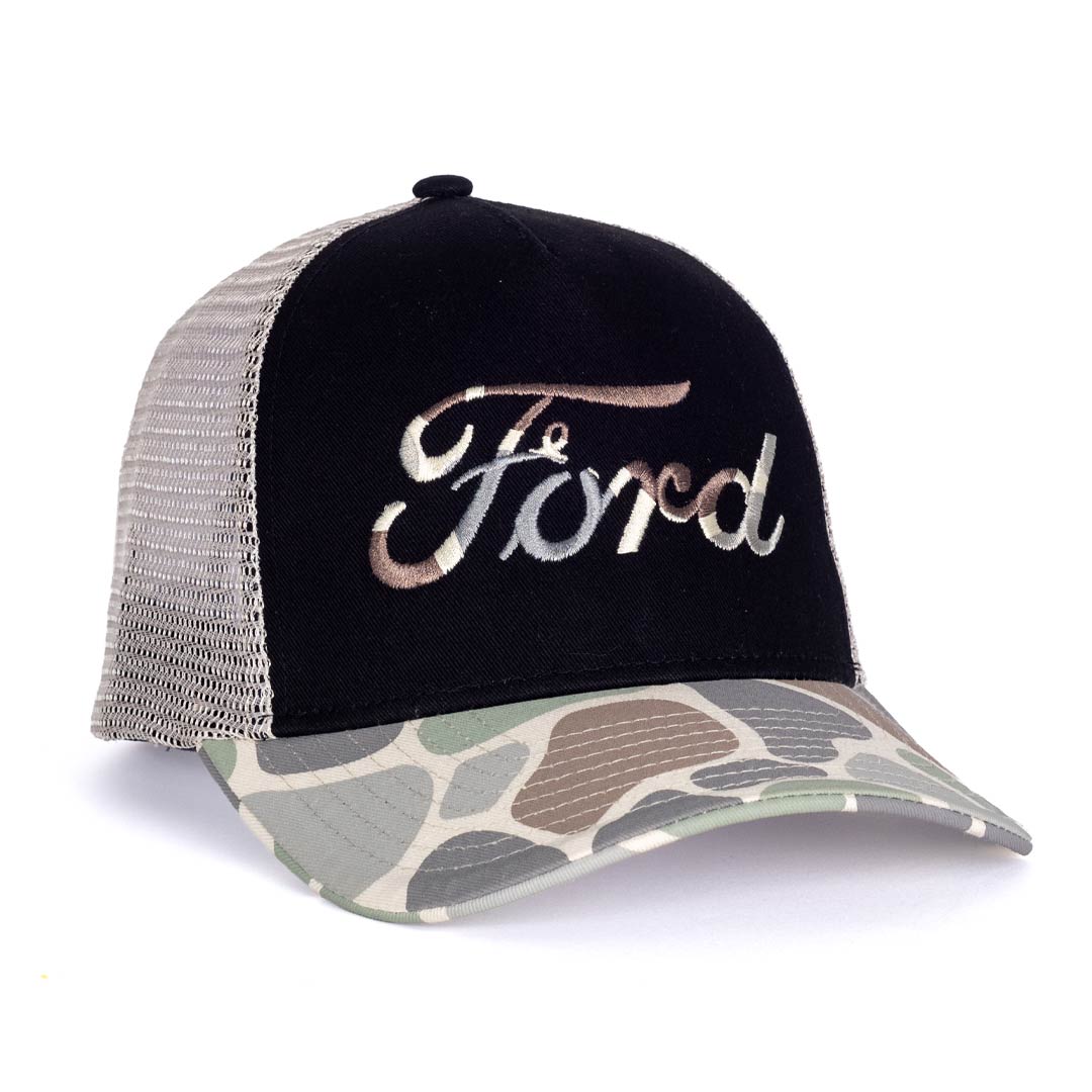 Black and camouflage trucker hat with 'Ford' logo on a white background