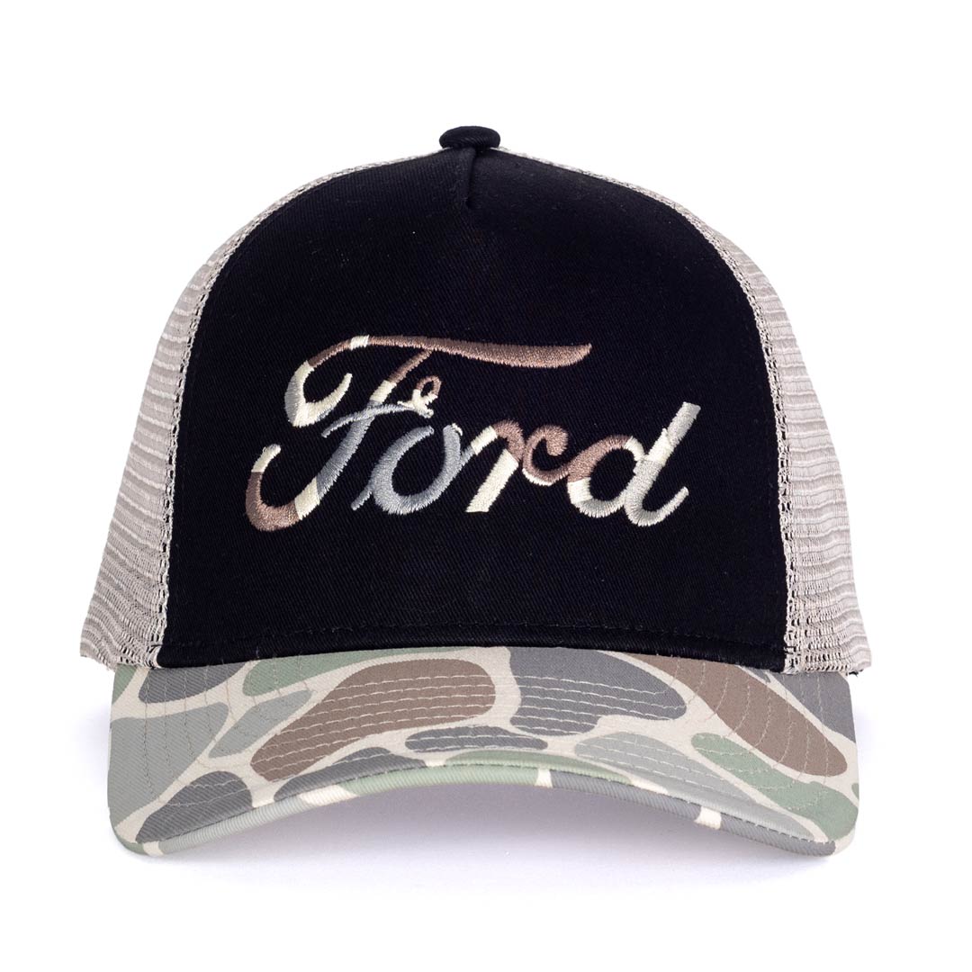 Black and camouflage trucker cap with 'Ford' logo on a white background