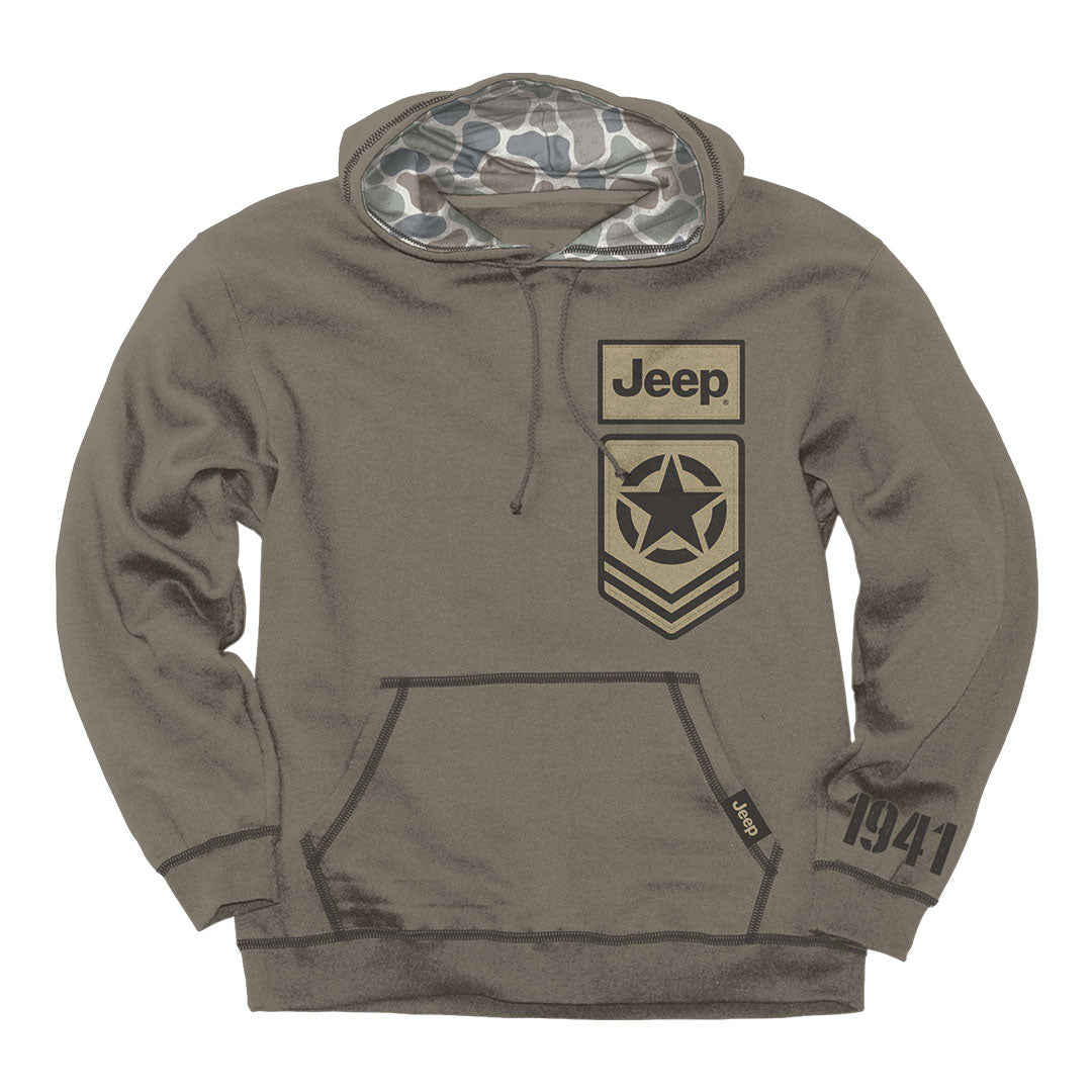 An olive drab pullover hoodie featuring a camouflage-lined hood, a tan and black Jeep military-style chest patch, and '1941' printed on the left sleeve, shown against a plain white background.