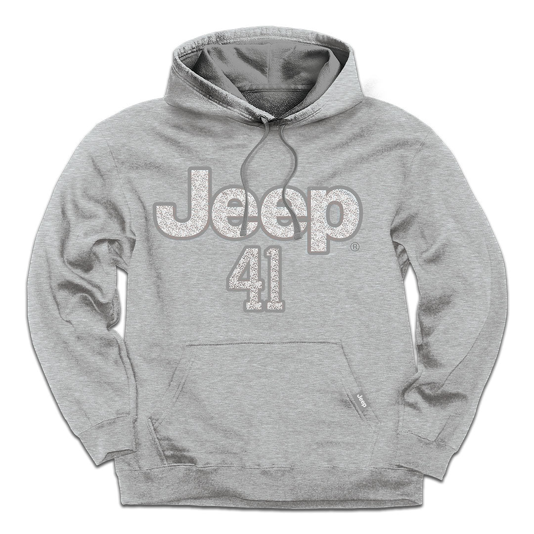 A heather gray pullover hoodie featuring a distressed silver 'Jeep' logo and the number '41' printed on the chest, displayed against a solid white background.