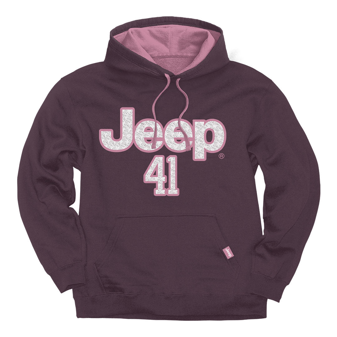A dark plum purple pullover hoodie featuring a glittery silver and pink 'Jeep' logo with the number '41' printed on the chest, set against a plain white background.