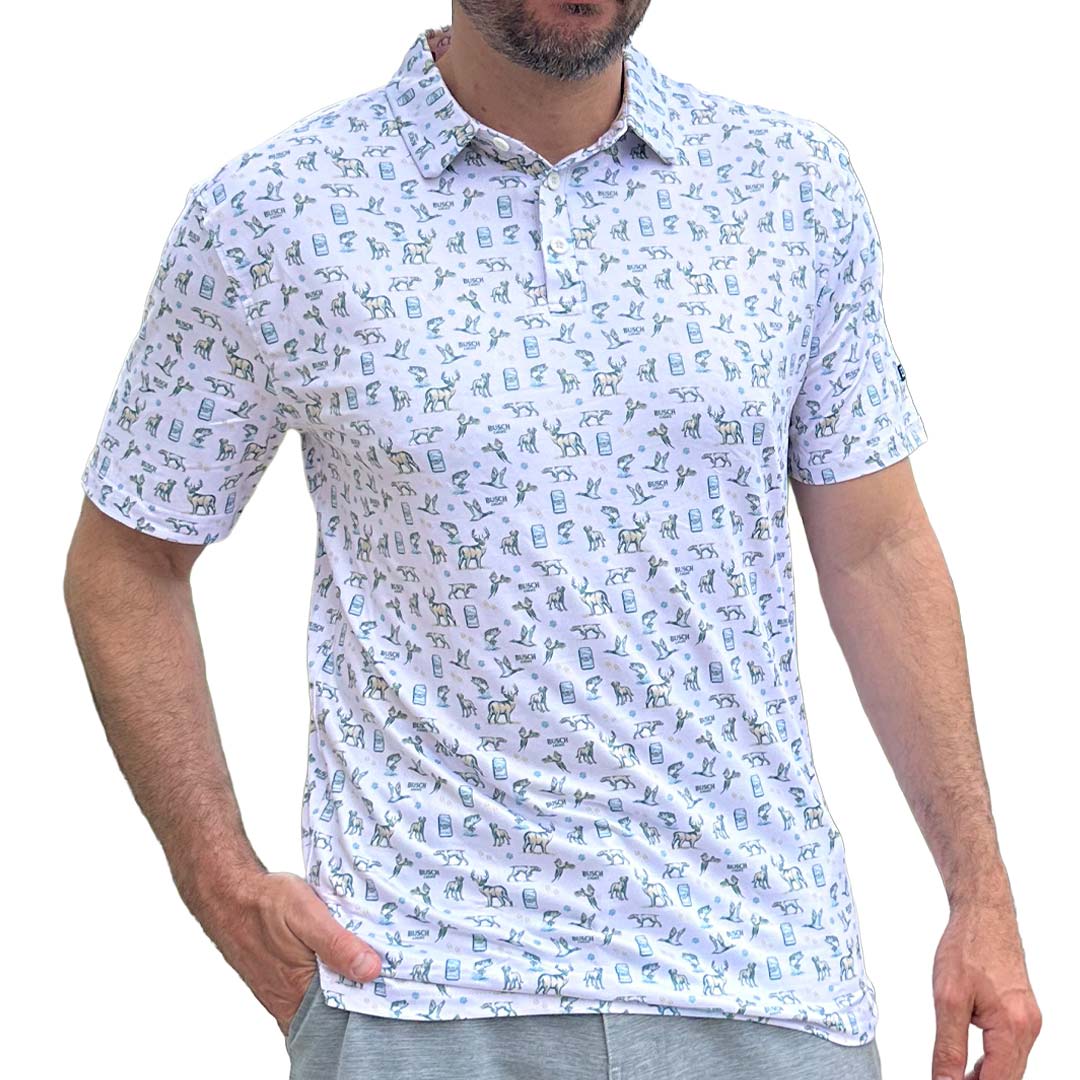 Man wearing Busch Light Polo with repeat pattern. Deer, dog, duck, and beer can.
