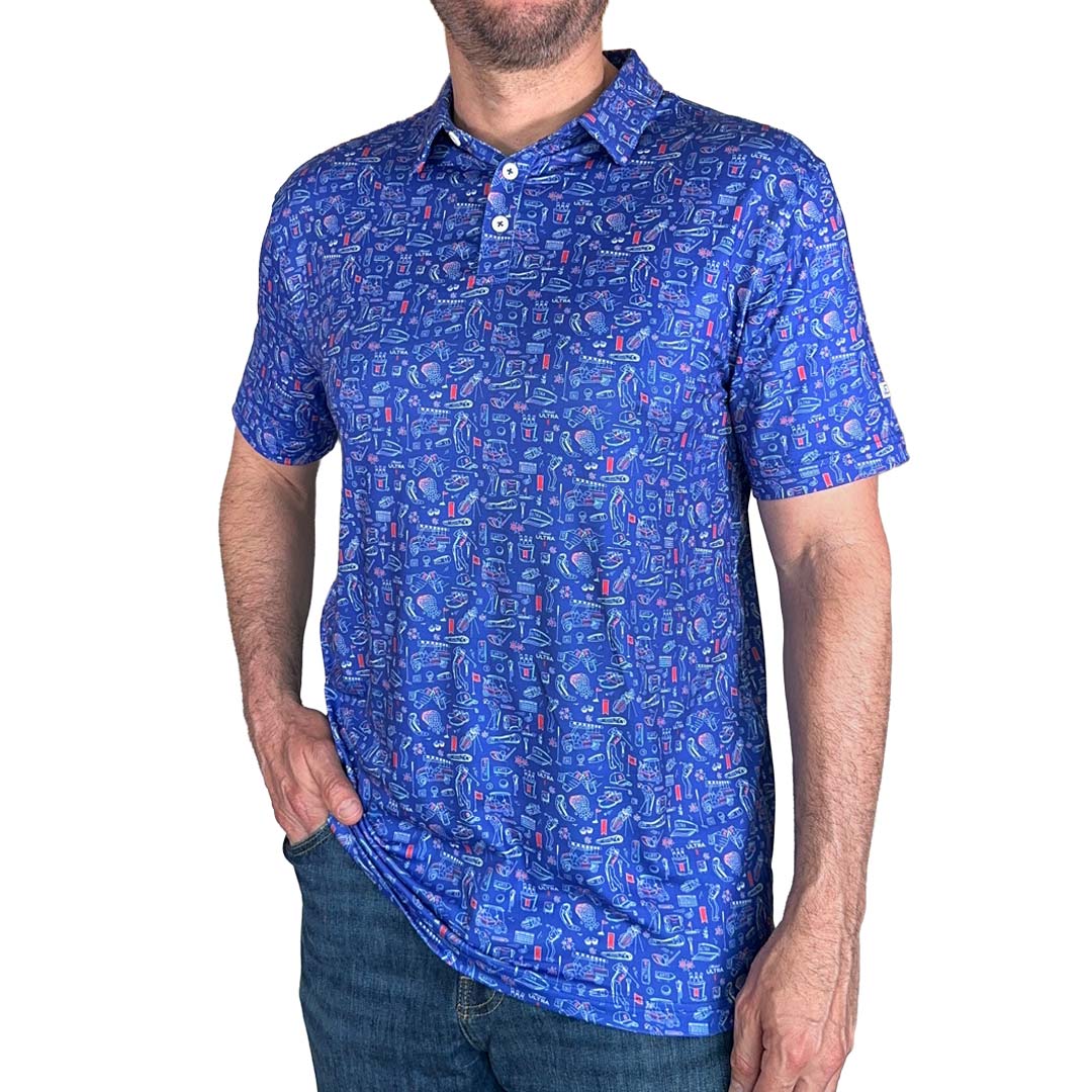 Male wearing Blue Michelob Ultra Golf Life Polo featuring a golf-themed repeat pattern.