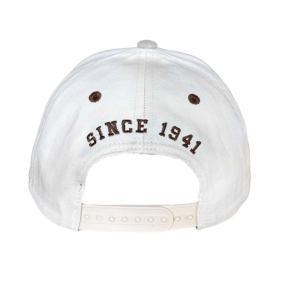 The back of a white baseball cap featuring brown embroidered text that reads 'SINCE 1941' and a matching white plastic snapback closure.