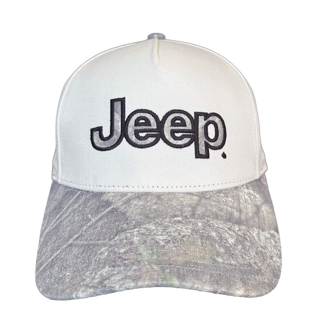 A baseball cap featuring a white crown with an embroidered black and camo 'Jeep' logo on the front, and a curved brim in a gray and APX camouflage pattern.