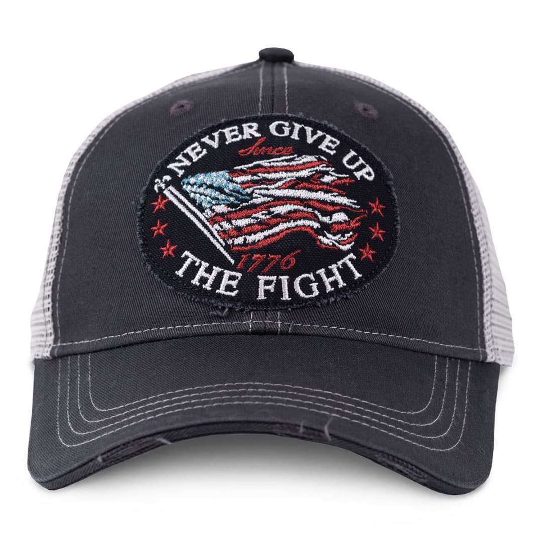 front of the buck wear never give up hat. patriotic hat.