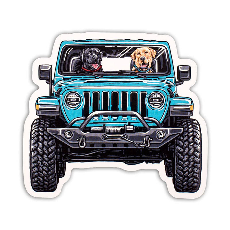 Jeep sticker with dogs driving a blue jeep