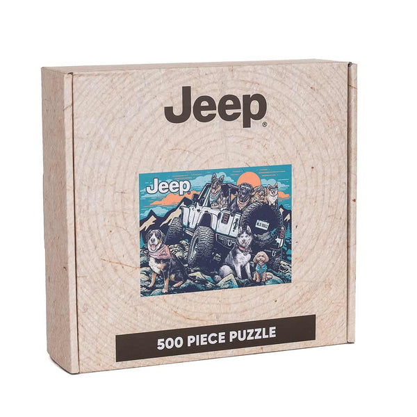 jedco jeep off-road trip 500 piece puzzle box dogs wrangler 