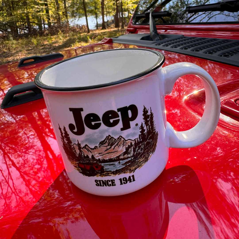 jeep mug with mountain lake scape drawing and "Jeep since 1941" on it