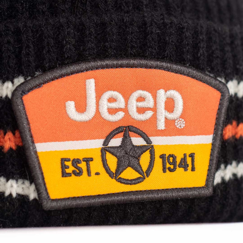 jedco Jeep Patch Pom Beanie black orange yellow and white stripes