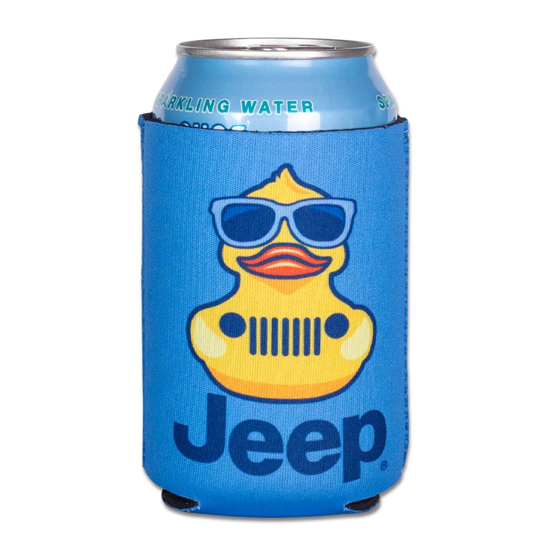 blue jeep duck can holder with yellow duck, fits 12 oz can