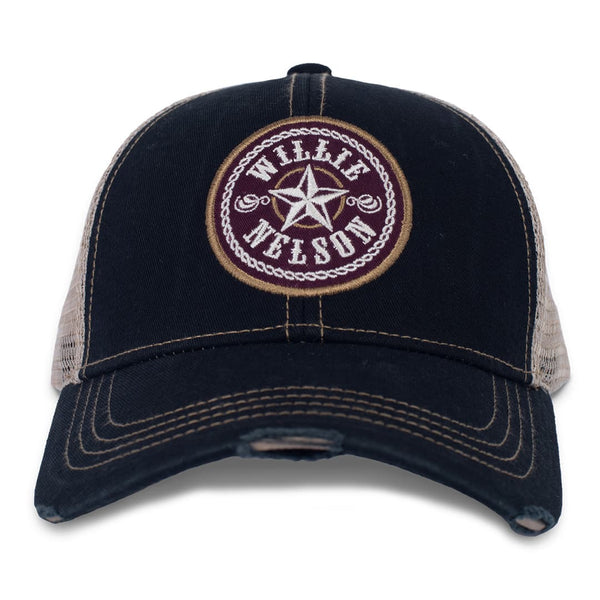 Front of the willie nelson start logo patch hat.