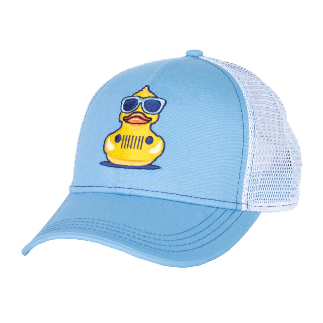 Baby blue jeep grille and duck hat angle