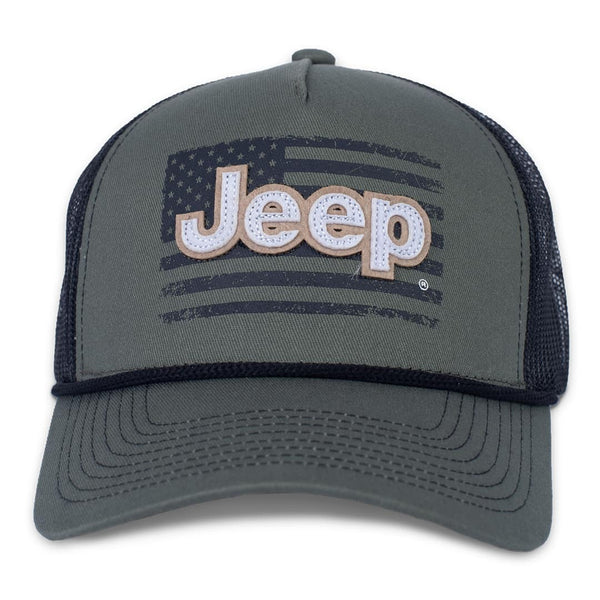 green jeep rope hat with black mesh. screen printed usa flag and white jeep embroidery. 