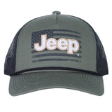green jeep rope hat with black mesh. screen printed usa flag and white jeep embroidery. 