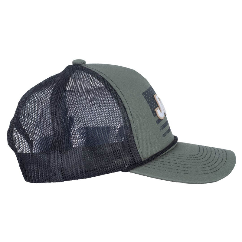 green jeep rope hat with black mesh. screen printed usa flag and white jeep embroidery side