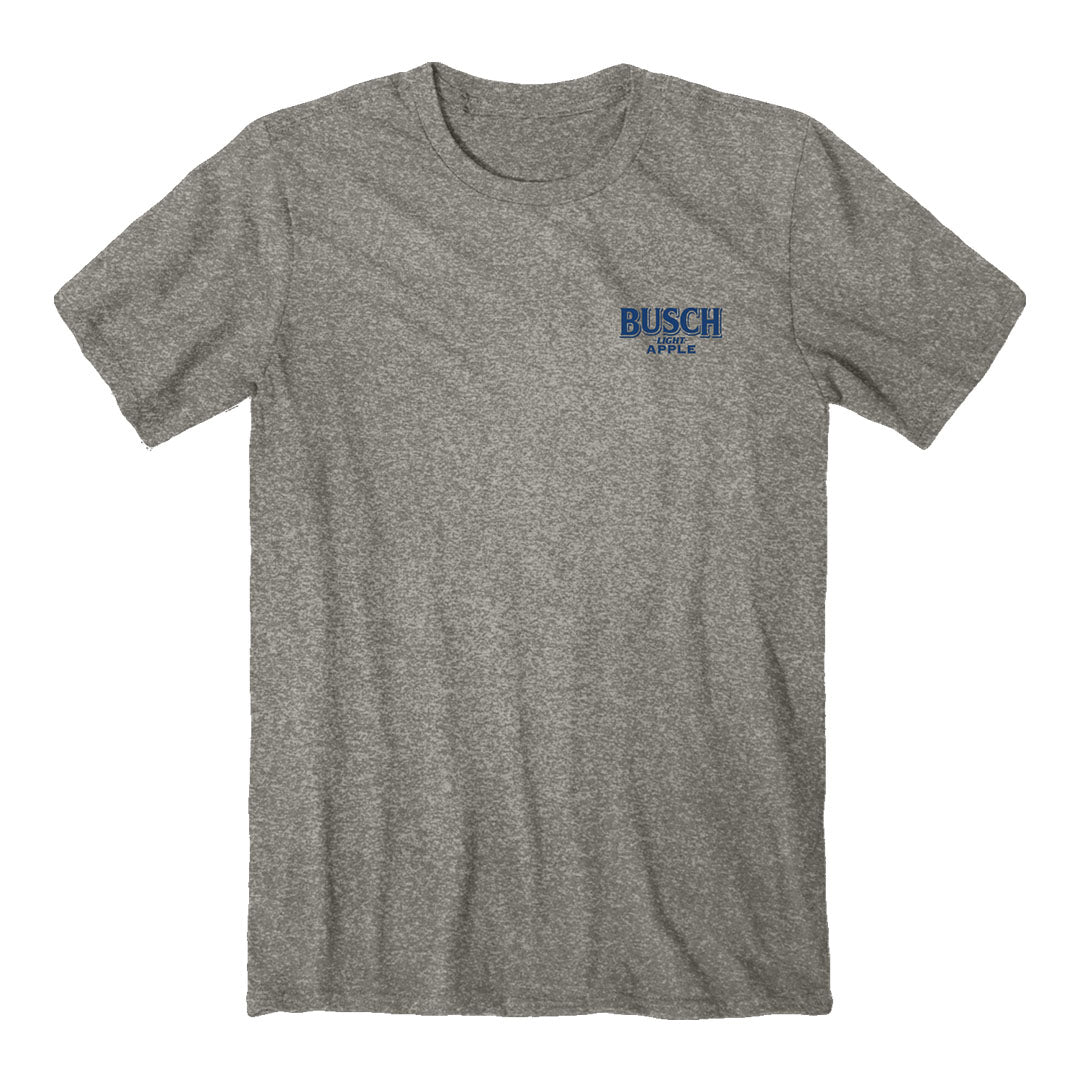 A heather gray crewneck t-shirt with a small blue 'BUSCH APPLE' logo printed on the left chest, displayed flat against a solid white background.